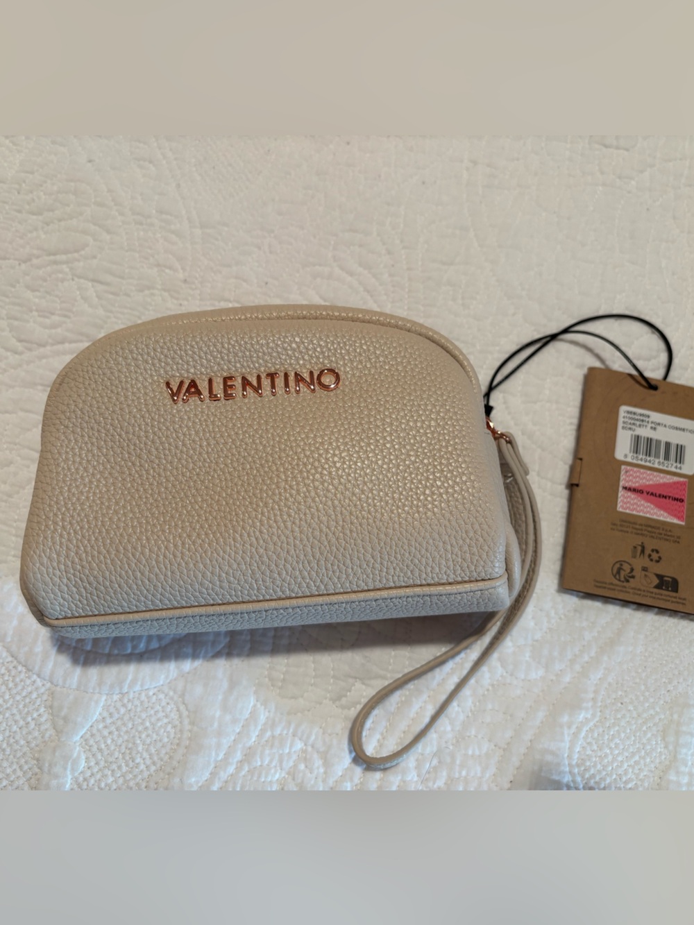 Valentino Pebbled Cosmetics Bag/Wristlet in Light Taupe with Rose Gold Logo
